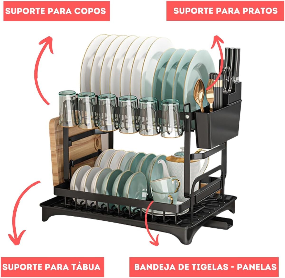 Escorredor de Louça Inox com Porta Pratos Talheres Copos Modular Master (Preto)