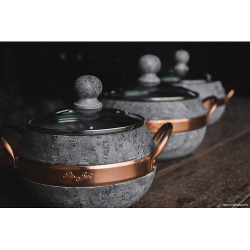 Conjunto de Panelas em Pedra Sabão Tampa de Vidro - 1,5; 3; 3,6 lts