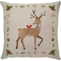 Capa de Almofada Natalina Decoração de Natal Festa Enfeite Papai Noel Renas Boneco de Neve Linho Estampado 43x43cm